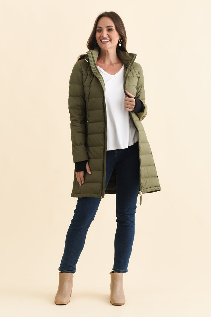 Sydney Olive Down Puffer Coat,Brunette model,alt text|model:MJ