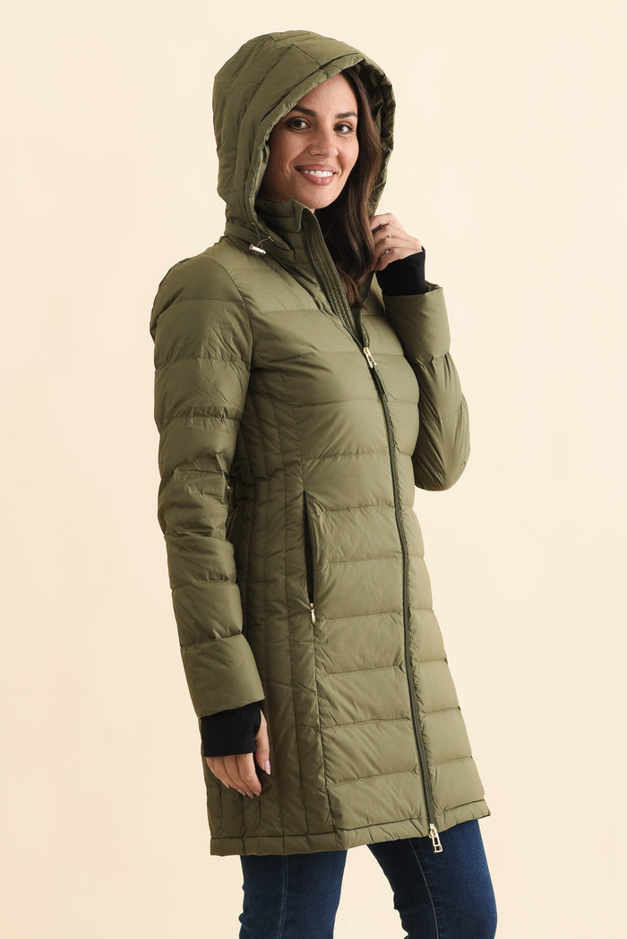 Sydney Olive Down Puffer Coat,Brunette model,alt text|model:MJ