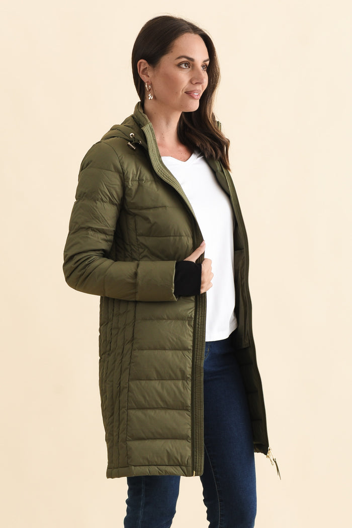 Sydney Olive Down Puffer Coat,Brunette model,alt text|model:MJ