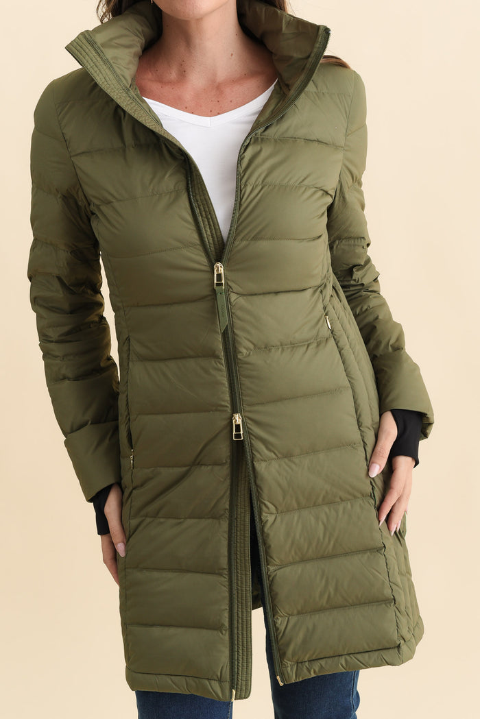Sydney Olive Down Puffer Coat,Brunette model,alt text|model:MJ