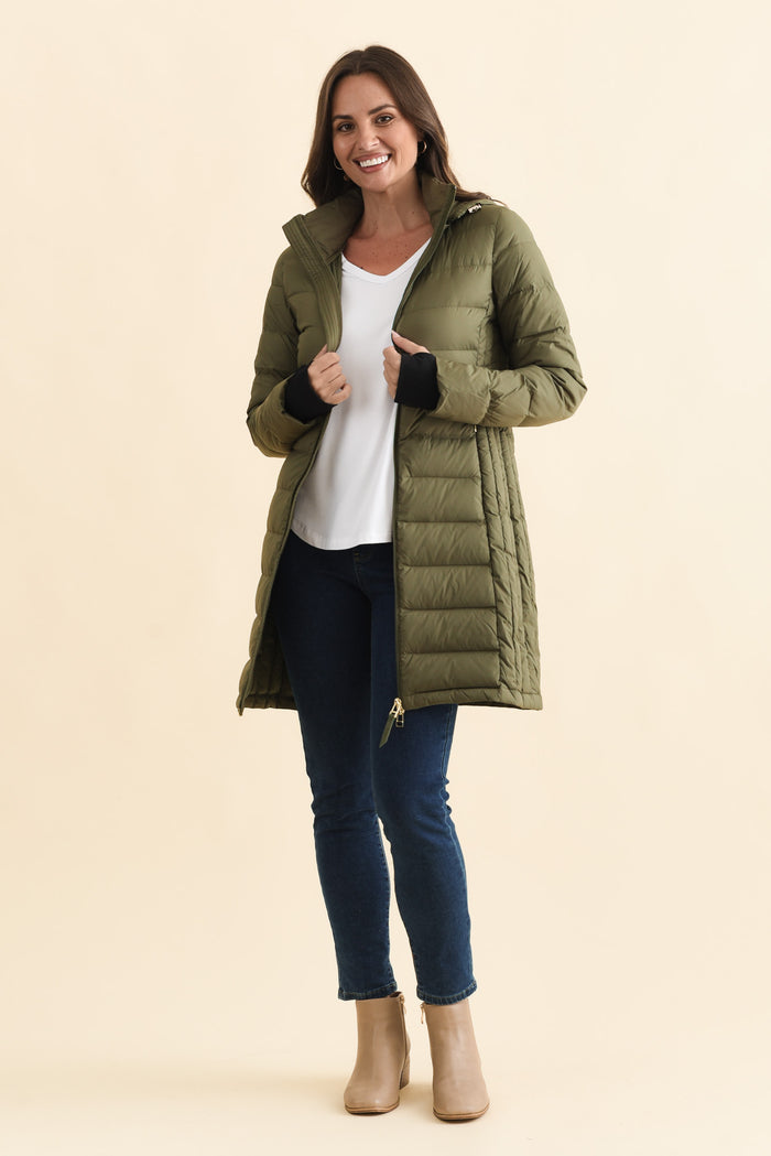 Sydney Olive Down Puffer Coat,Brunette model,alt text|model:MJ