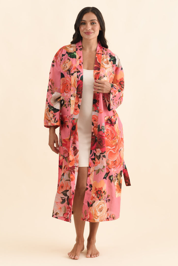 Taji Pink Rose Cotton Kimono,Brunette model,alt text|model:Brontie