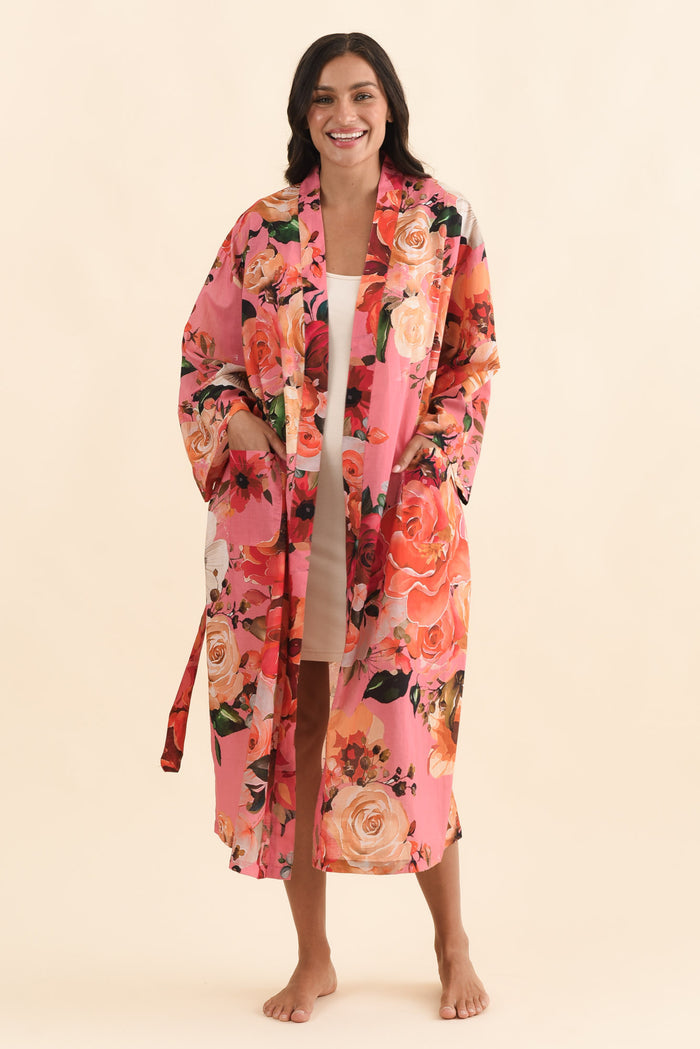Taji Pink Rose Cotton Kimono,Brunette model,alt text|model:Brontie