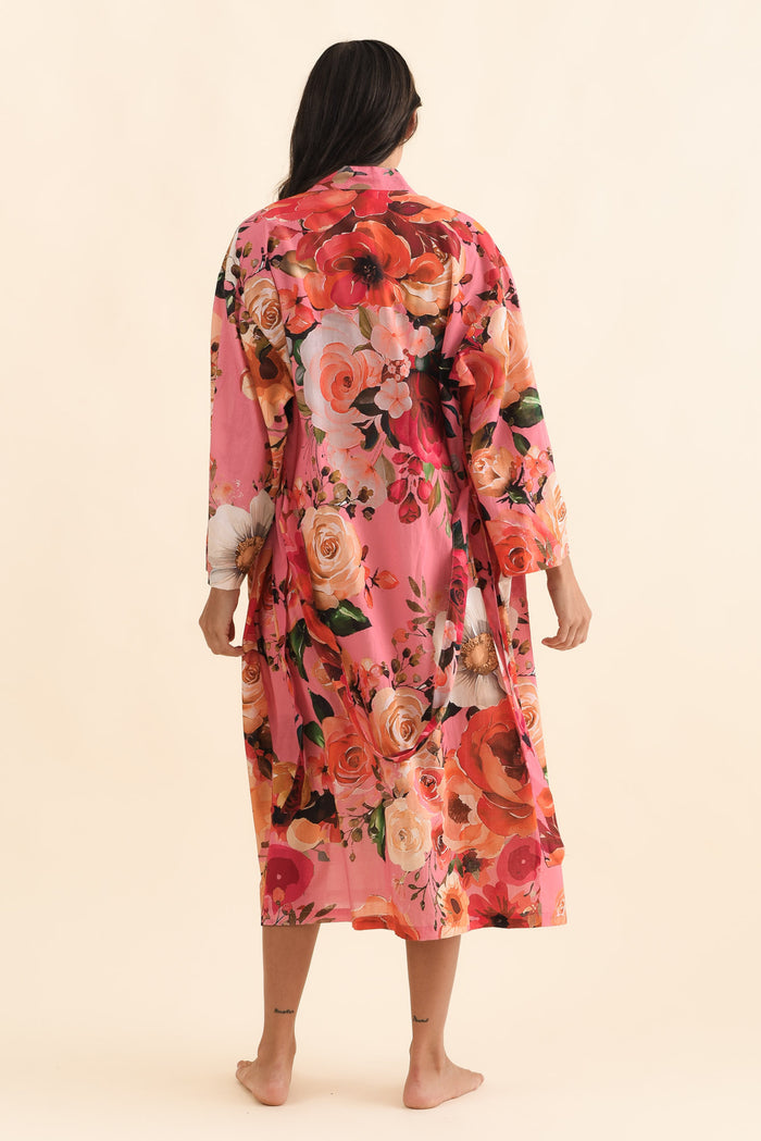 Taji Pink Rose Cotton Kimono,Brunette model,alt text|model:Brontie