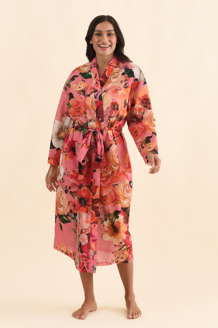Taji Pink Rose Cotton Kimono,Brunette model,alt text|model:Brontie