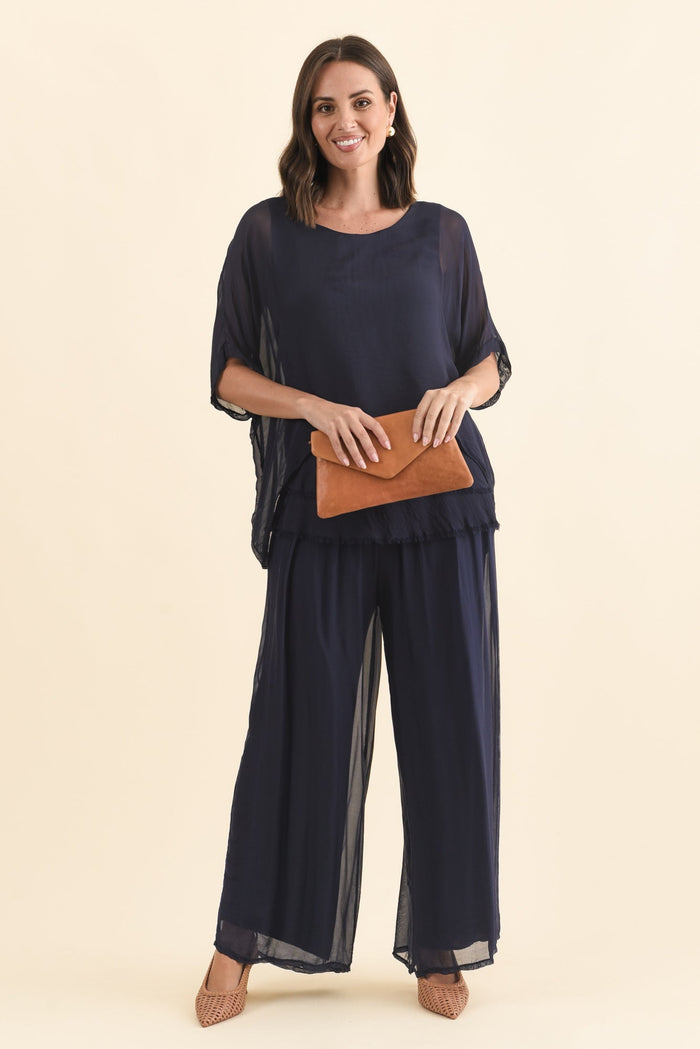 Talia Navy Silk Layer Top,Brunette model,alt text|model:MJ