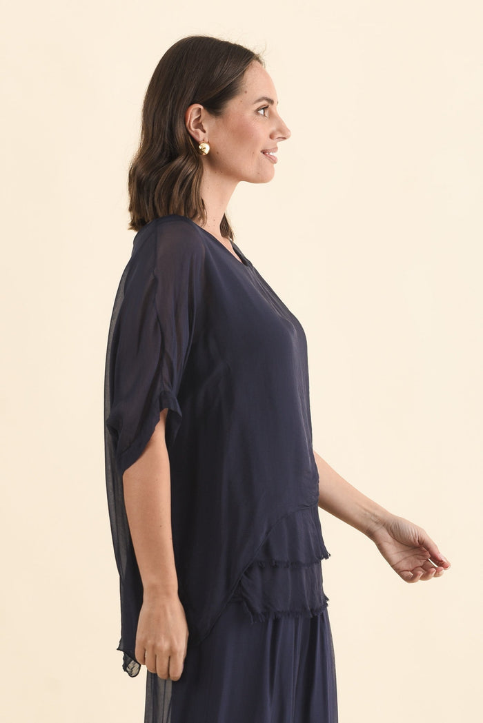 Talia Navy Silk Layer Top,Brunette model,alt text|model:MJ
