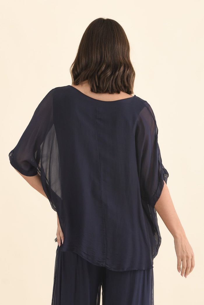 Talia Navy Silk Layer Top,Brunette model,alt text|model:MJ
