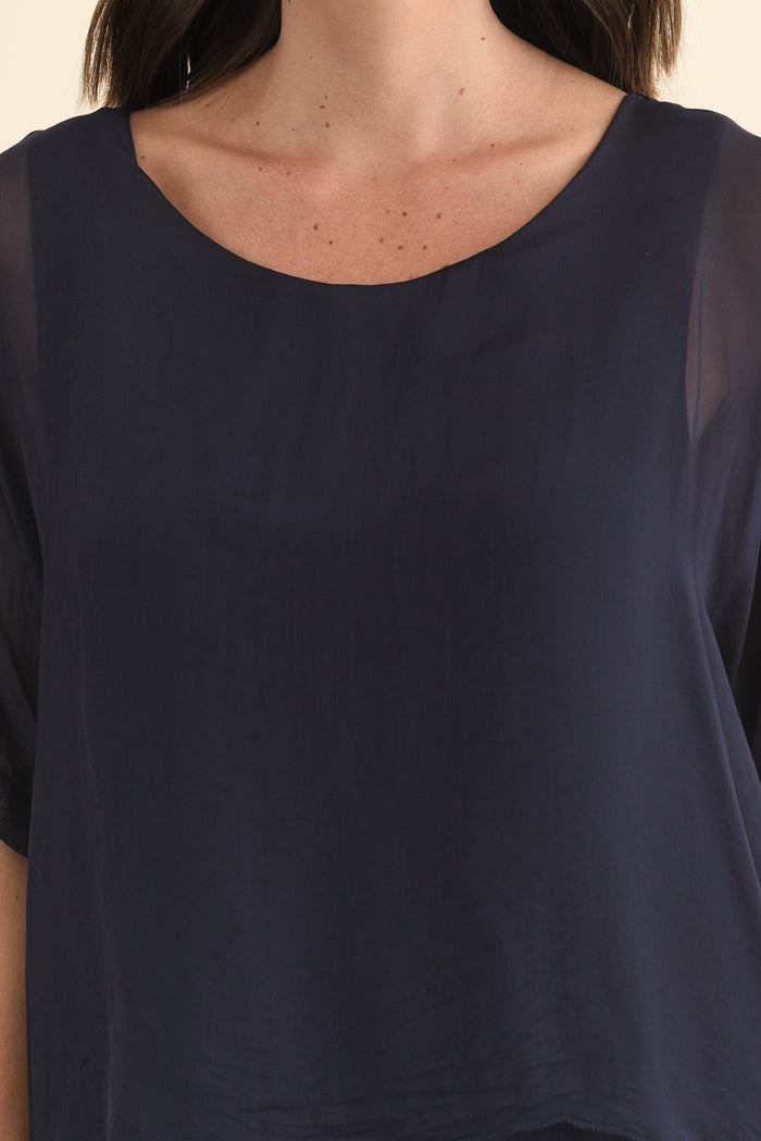 Talia Navy Silk Layer Top,Brunette model,alt text|model:MJ