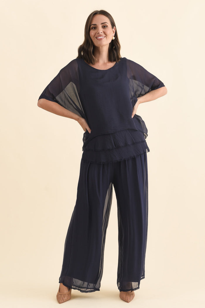 Talia Navy Silk Layer Top,Brunette model,alt text|model:MJ