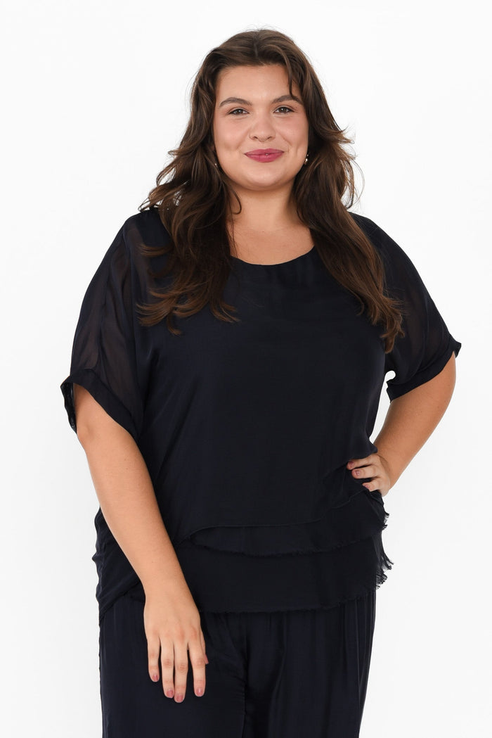 Talia Navy Silk Layer Top,Brunette model,plus-size,curve-tops,plus-size-sleeved-tops,alt text|model:Gabby