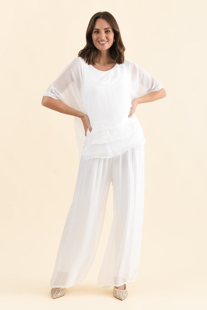 Talia White Silk Layer Top,Brunette model,alt text|model:MJ