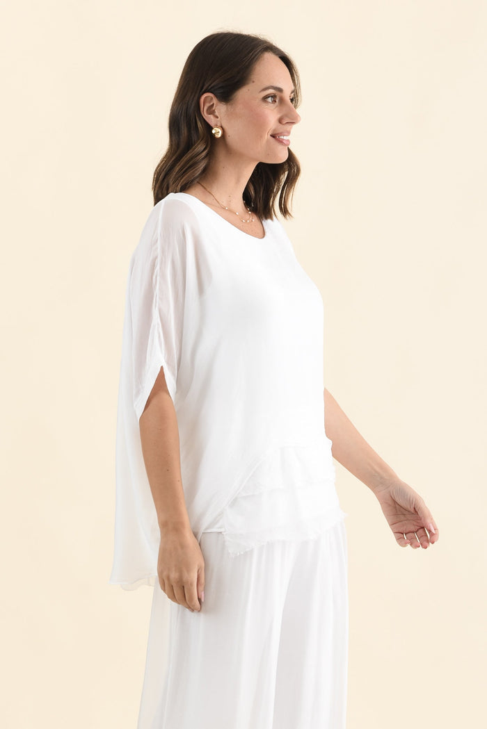 Talia White Silk Layer Top,Brunette model,alt text|model:MJ