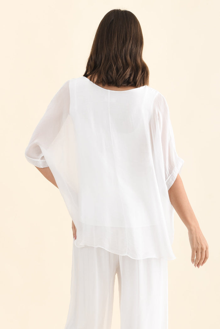 Talia White Silk Layer Top,Brunette model,alt text|model:MJ