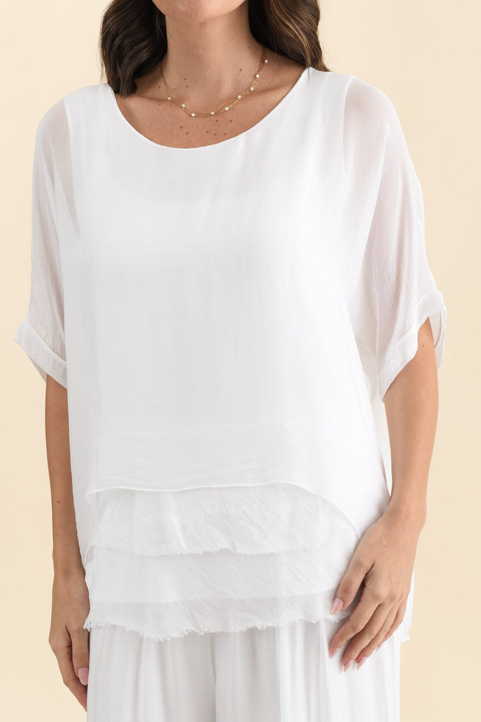 Talia White Silk Layer Top,Brunette model,alt text|model:MJ
