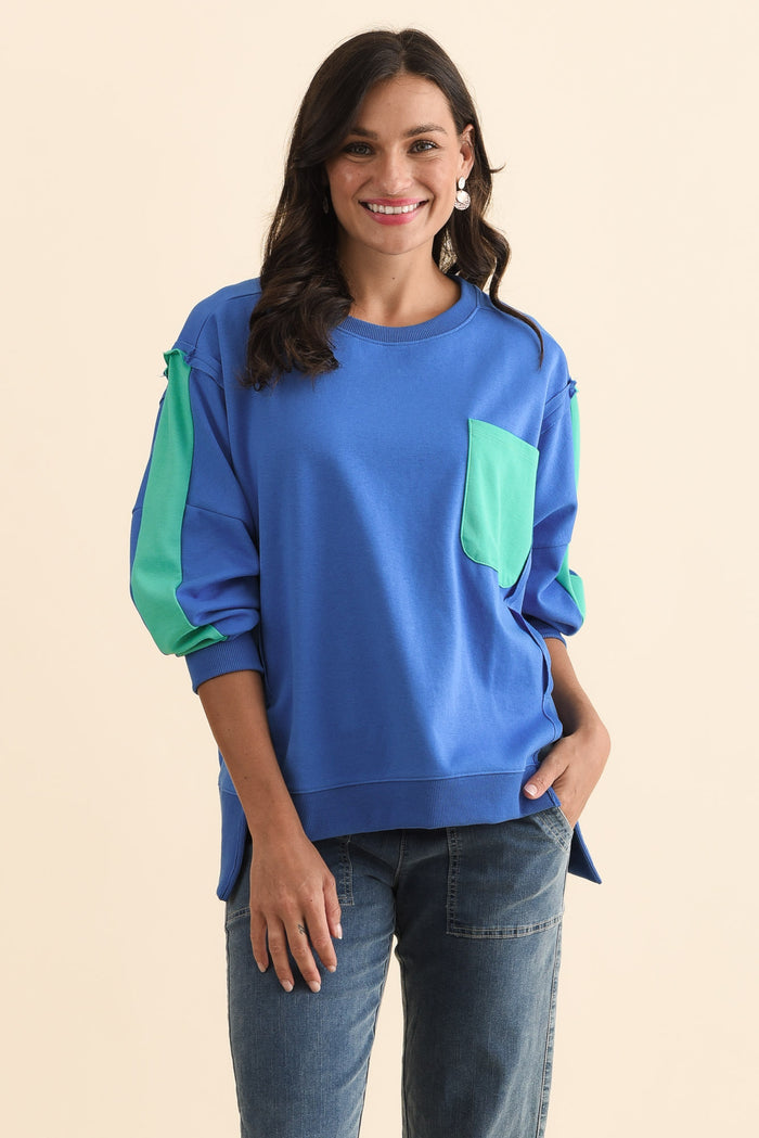 Tania Blue Contrast Cotton Sweatshirt,Brunette model,alt text|model:Brontie
