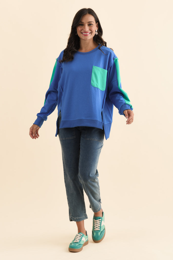 Tania Blue Contrast Cotton Sweatshirt,Brunette model,alt text|model:Brontie