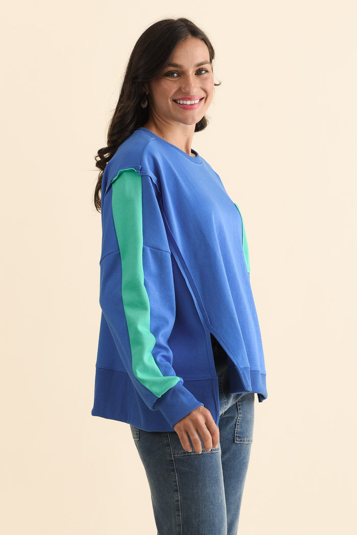 Tania Blue Contrast Cotton Sweatshirt,Brunette model,alt text|model:Brontie