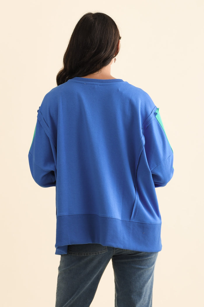 Tania Blue Contrast Cotton Sweatshirt,Brunette model,alt text|model:Brontie