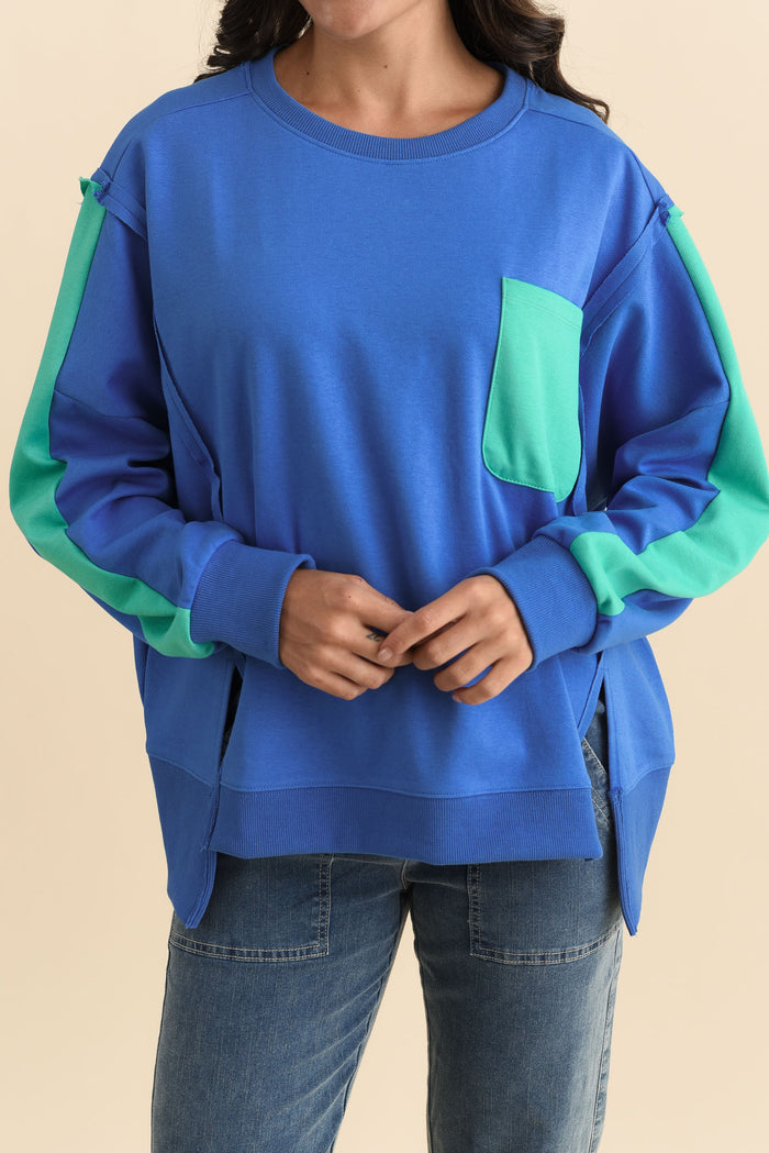 Tania Blue Contrast Cotton Sweatshirt,Brunette model,alt text|model:Brontie