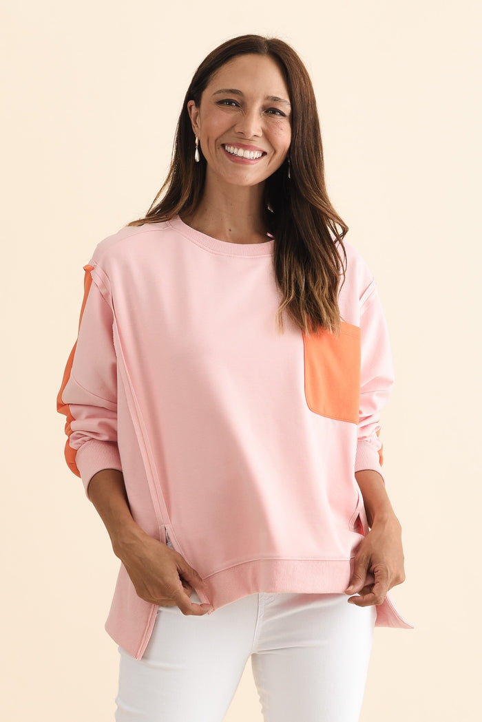 Tania Orange Contrast Cotton Sweatshirt,Brunette model,alt text|model:Cara