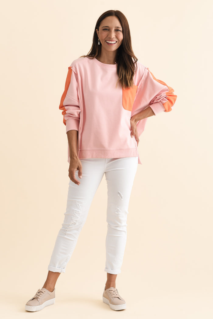 Tania Orange Contrast Cotton Sweatshirt,Brunette model,alt text|model:Cara