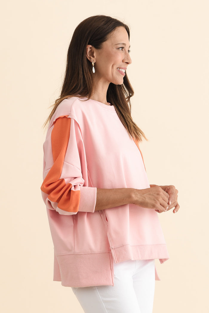 Tania Orange Contrast Cotton Sweatshirt,Brunette model,alt text|model:Cara