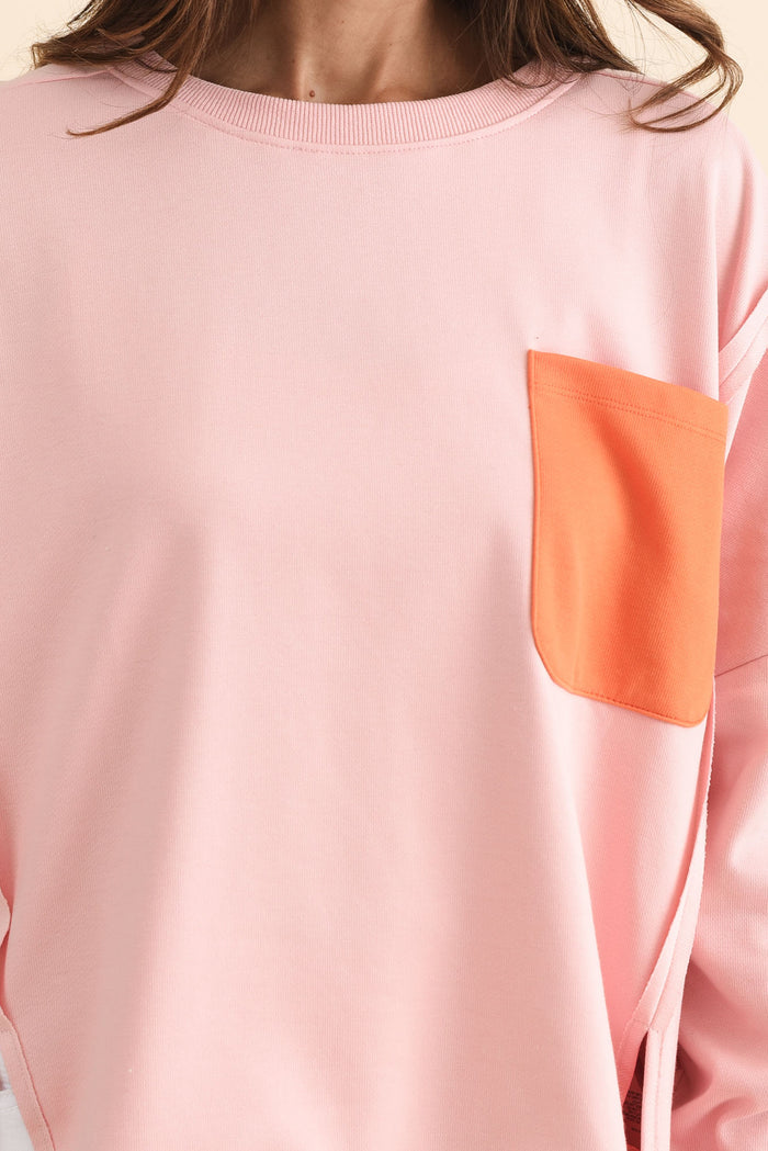 Tania Orange Contrast Cotton Sweatshirt,Brunette model,alt text|model:Cara
