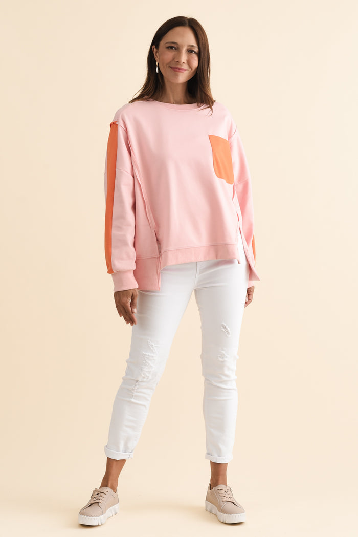 Tania Orange Contrast Cotton Sweatshirt,Brunette model,alt text|model:Cara