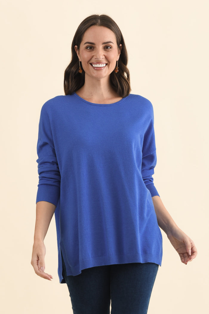 Tanner Cobalt Knit Jumper,Brunette model,alt text|model:MJ