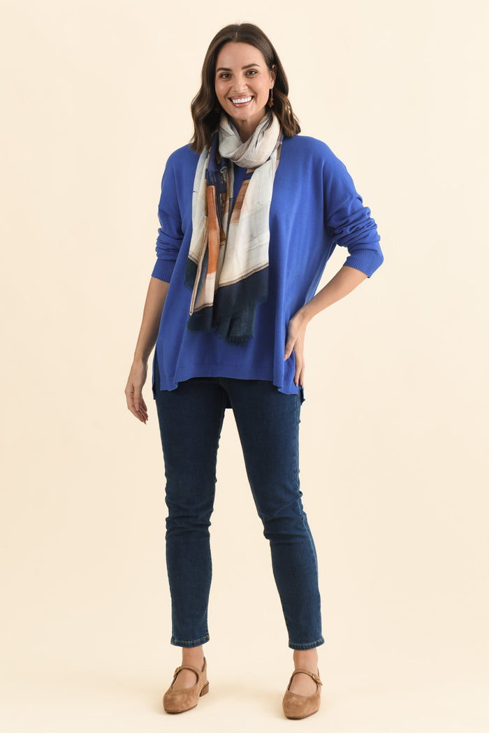 Tanner Cobalt Knit Jumper,Brunette model,alt text|model:MJ