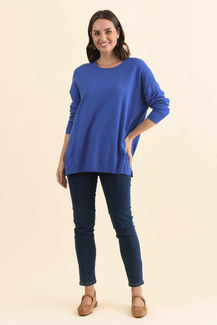 Tanner Cobalt Knit Jumper,Brunette model,alt text|model:MJ