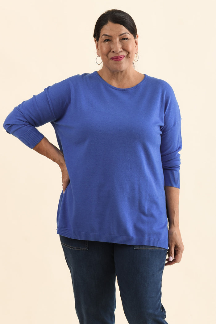 Tanner Cobalt Knit Jumper,Front,Brunette model,alt text|model:Pilita