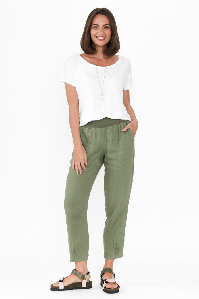 Tatum Khaki Linen Pants,Brunette model,alt text|model:MJ