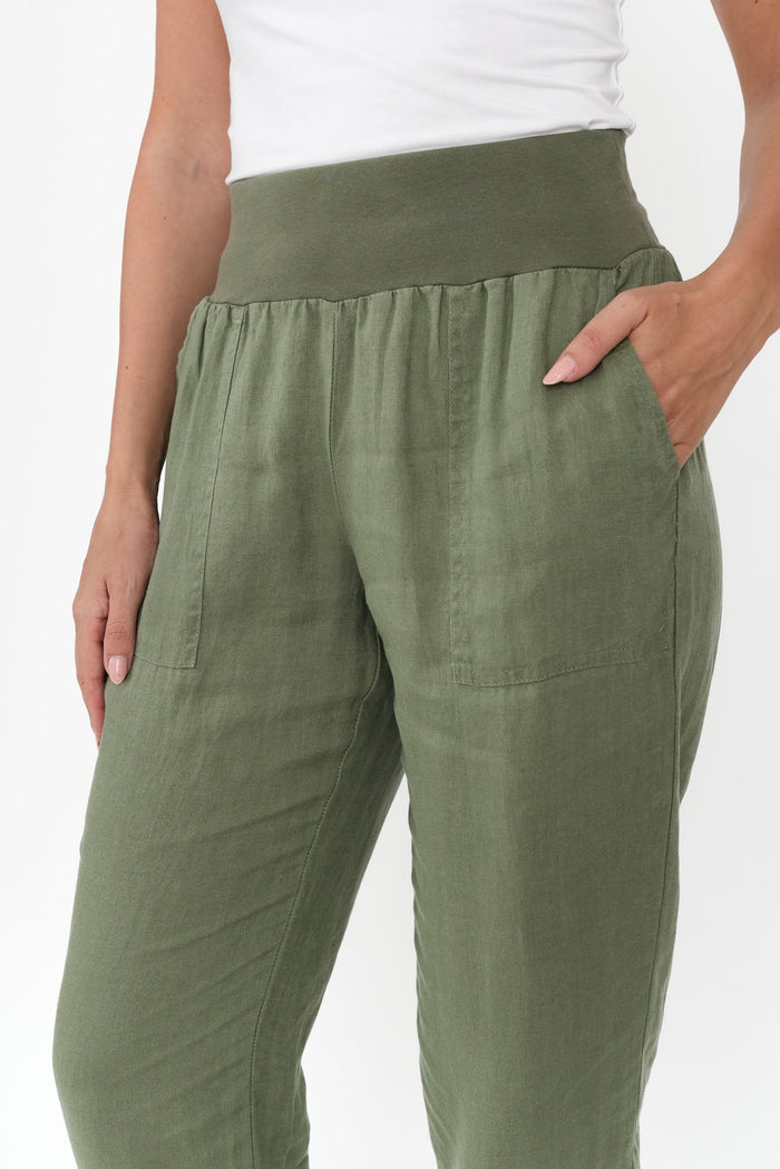 Tatum Khaki Linen Pants,Brunette model,alt text|model:MJ