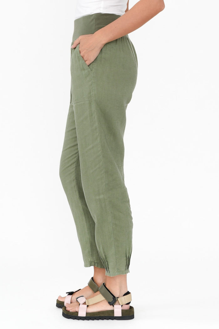 Tatum Khaki Linen Pants,Brunette model,alt text|model:MJ