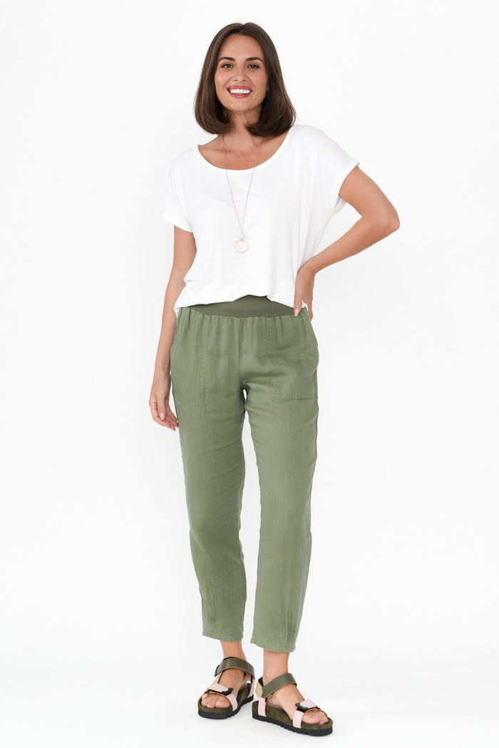 Tatum Khaki Linen Pants,Brunette model,alt text|model:MJ