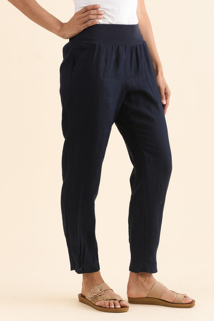 Tatum Navy Linen Pants,Side,Brunette model,alt text|model:Cara