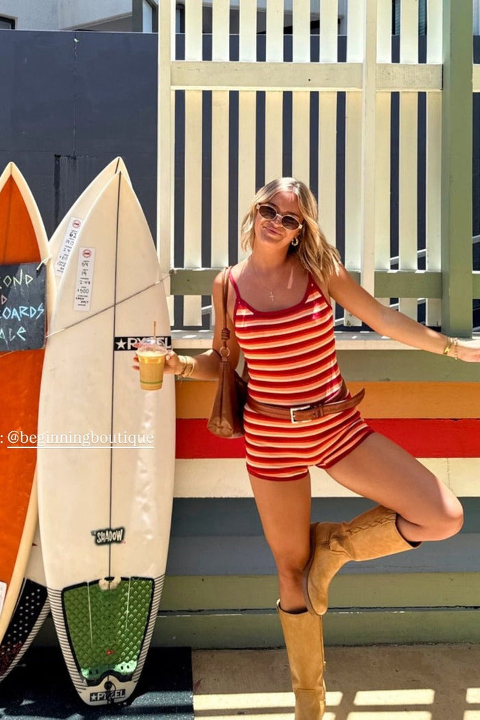 Beginning Boutique Tatum Orange Stripe Knit Playsuit orange red white stripe knit scoop neck spaghetti strap playsuit