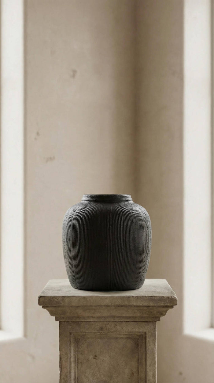 Terracotta Vase, Ribbed Charcoal Finish - Mirella