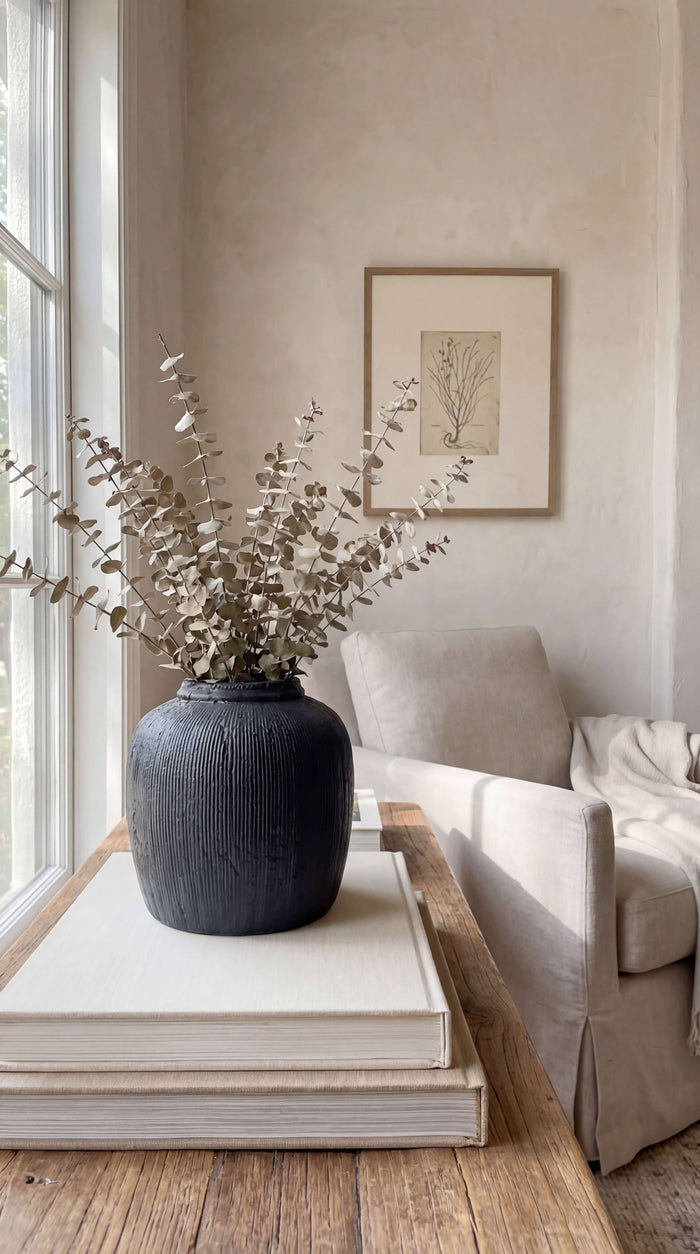 Terracotta Vase, Ribbed Charcoal Finish - Mirella