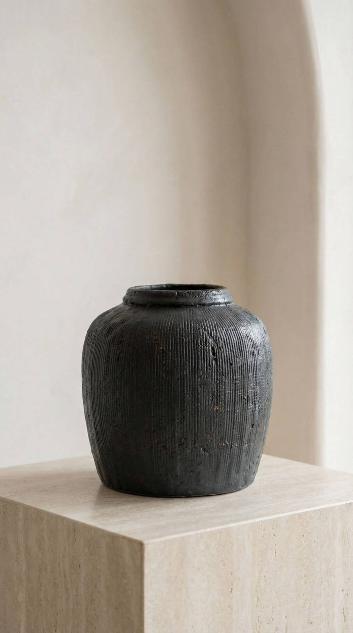 Terracotta Vase, Ribbed Charcoal Finish - Mirella