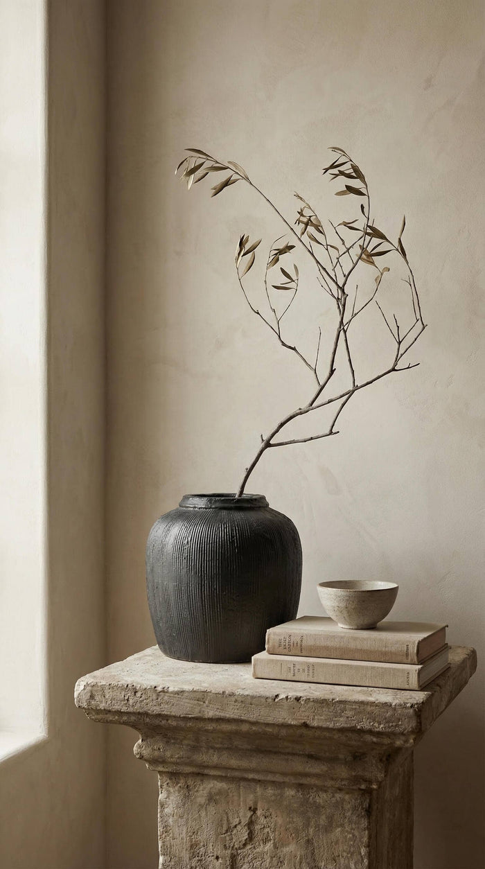 Terracotta Vase, Ribbed Charcoal Finish - Mirella