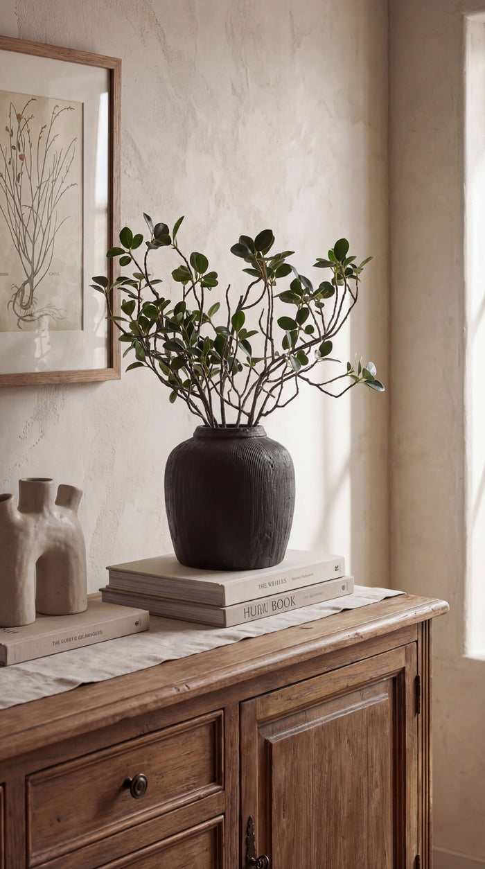 Terracotta Vase, Ribbed Charcoal Finish - Mirella