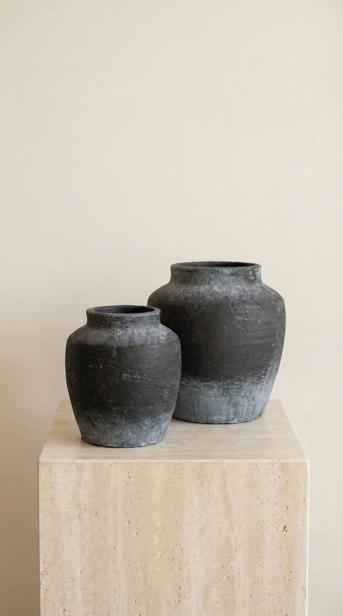 Terracotta Vase, Tall Rounded Charcoal Form - Anera