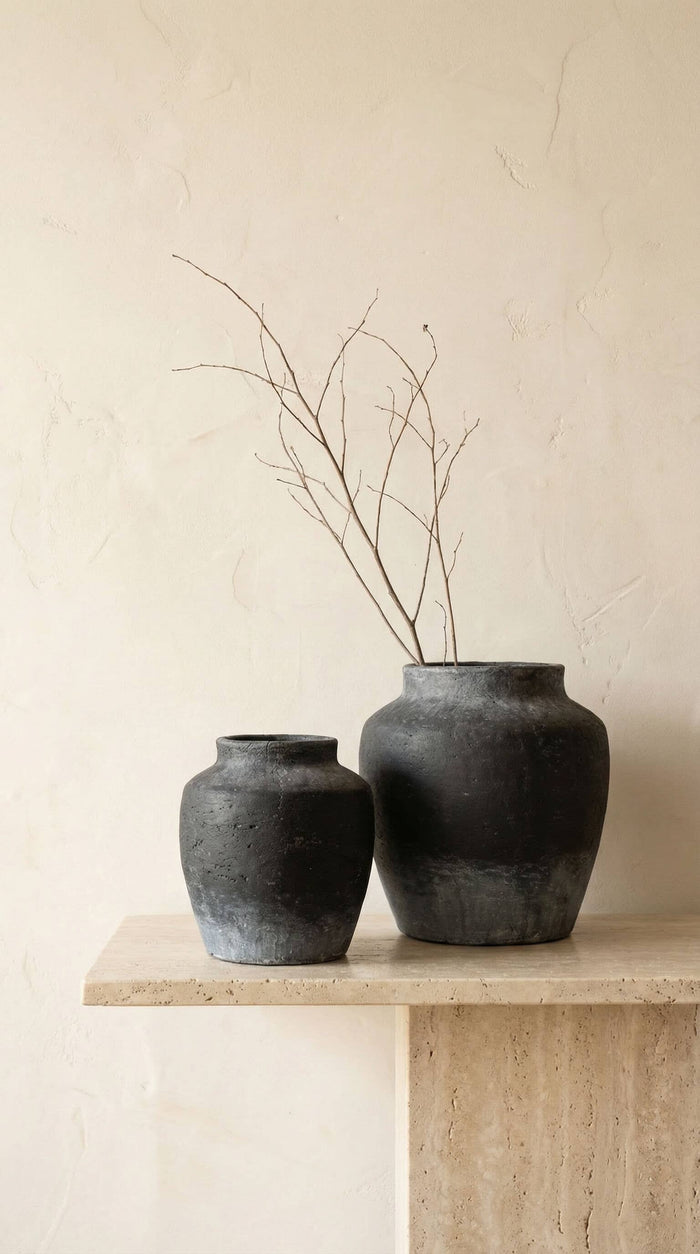 Terracotta Vase, Tall Rounded Charcoal Form - Anera