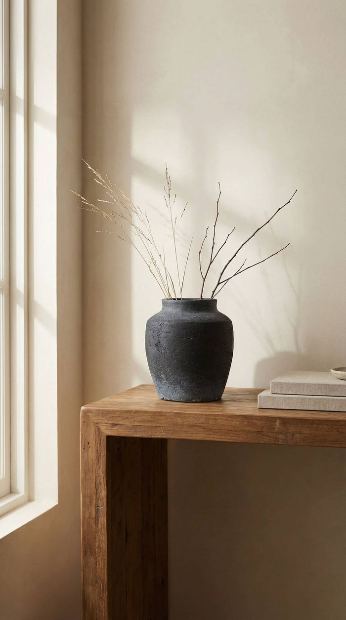 Terracotta Vase, Tall Rounded Charcoal Form - Anera