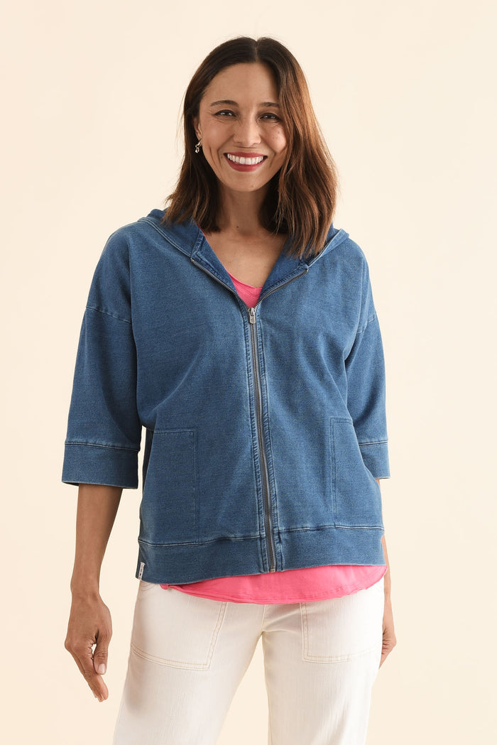 Tessa Vintage Blue Denim Hooded Sweatshirt,Front,Brunette model,alt text|model:Cara