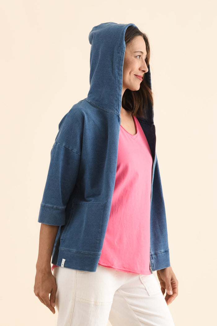 Tessa Vintage Blue Denim Hooded Sweatshirt,Side,Brunette model,alt text|model:Cara