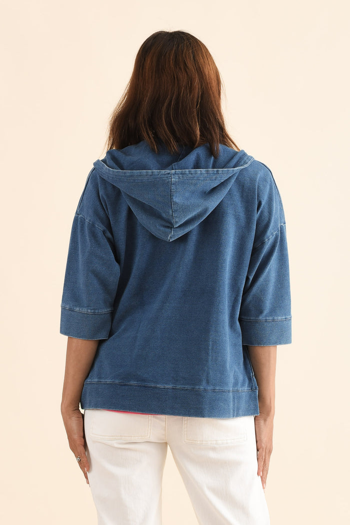 Tessa Vintage Blue Denim Hooded Sweatshirt,Back,Brunette model,alt text|model:Cara